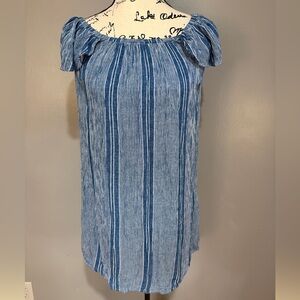 EVERLY BLUE/WHITE STRIPED OFF-SHOULDER MINI DRESS SZ XS